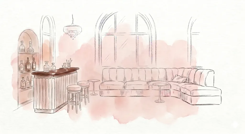 Ilustración artesanal de un salón privado en el Eixample, evocando la atmósfera exclusiva de AARKVOSS